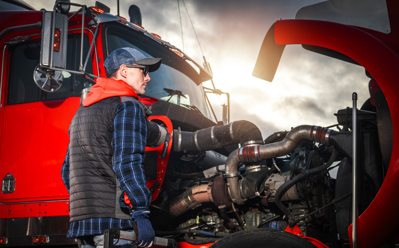 Mekaniker arbejder på motoren i en rød lastbil. Billedet illustrerer arbejde med service, vedligeholdelse og reparation af tungt materiel og lastbiler.